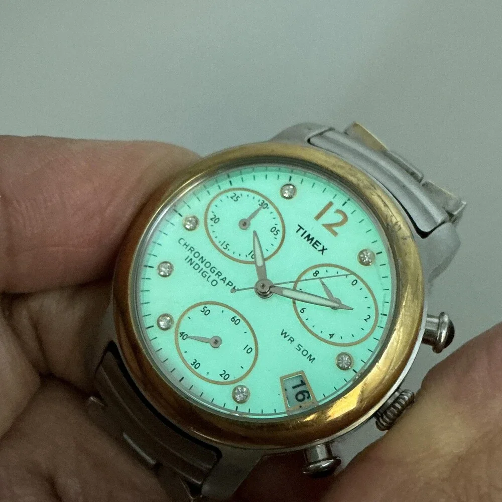 Timex Chronograph Indiglo Womens Watch 31mm MOP Date Two Tone New Battery